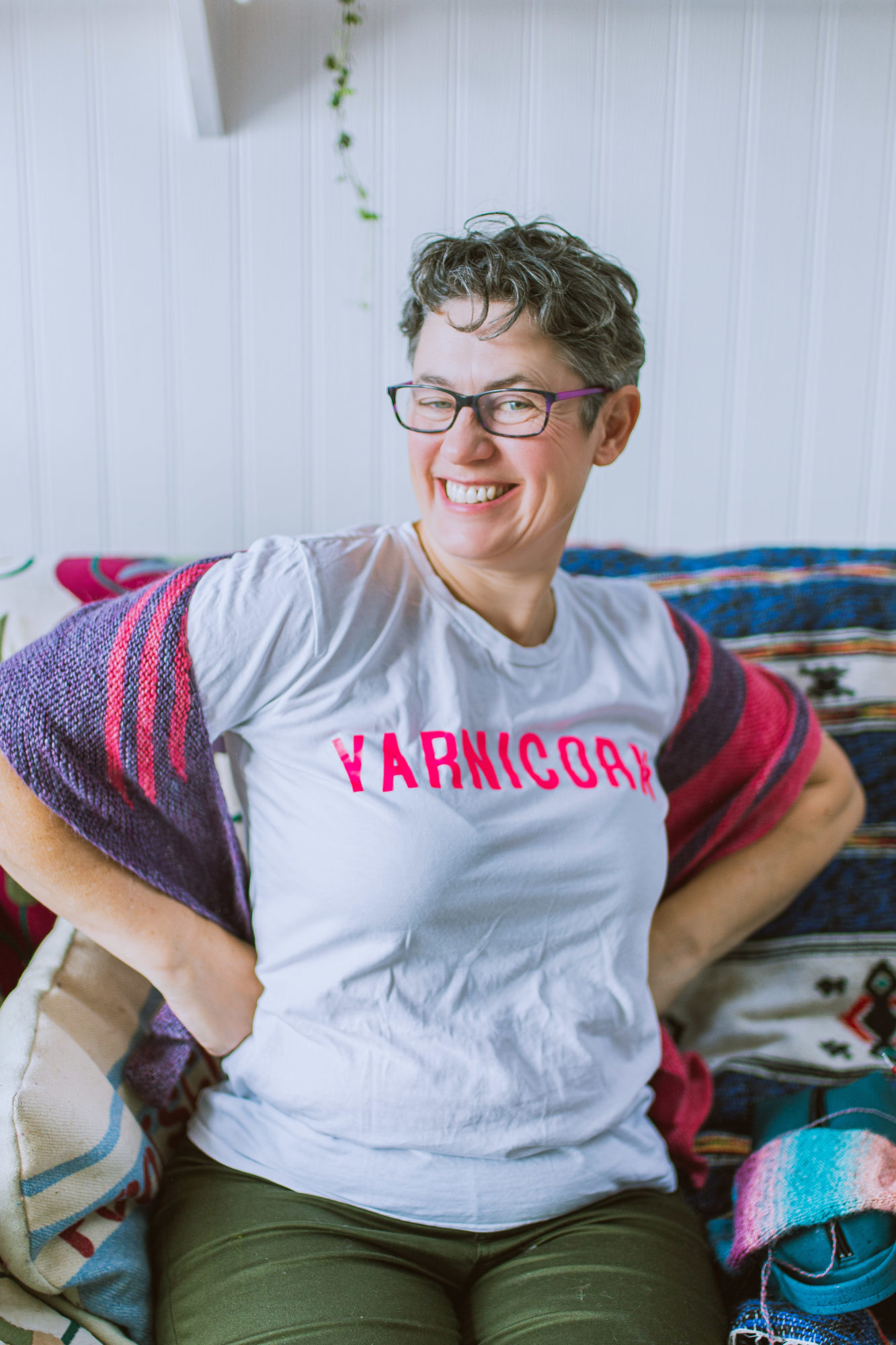 Yarn and Fibre designer branding photoshoot Bristol. Rachael Prest wears a Yarnicorn t-shirt