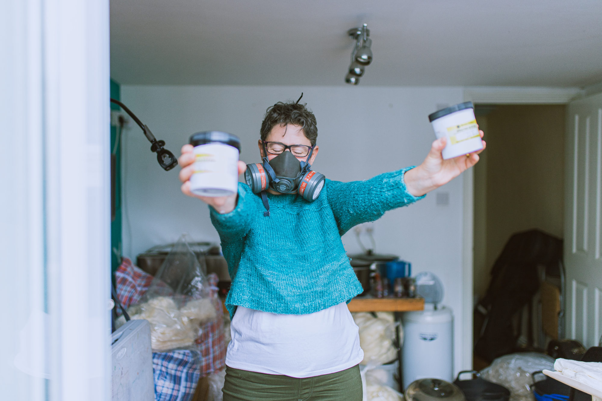 Rachael Prest shows me her yar dyes. Cat and Sparrow wool and yarn brand shoot by Gemma Shoots People