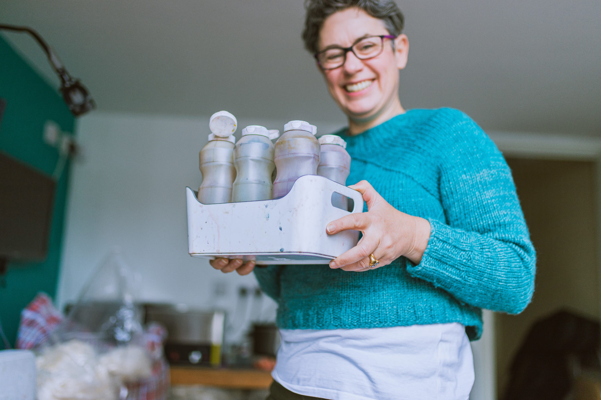 Yarn dye bottles from Rachael Prest's stash. Bristol Brand photoshoot with Gemma Regalado
